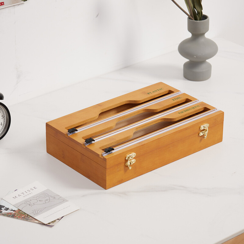 Nuolaida vietoje Virtuvės folija Popieriaus dozatorius Pjaustyklė Bambuko medinė laikymo dėžutė Bambuko medinė plastikinė plėvelė Pjovimo dėžutė