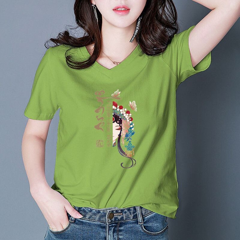 Висококачествена тениска с V-образно деколте и скъпа деколте с къс ръкав Дамска свободна дамска тениска с половин ръкав Обикновена ежедневна тениска с щампи, дамска лятна тениска