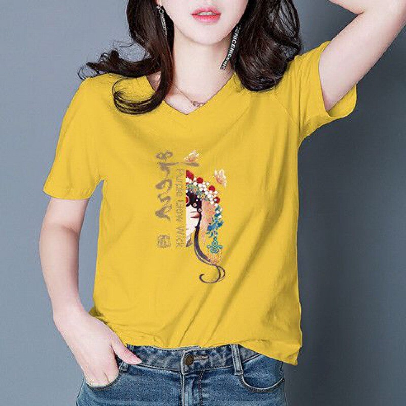 Висококачествена тениска с V-образно деколте и скъпа деколте с къс ръкав Дамска свободна дамска тениска с половин ръкав Обикновена ежедневна тениска с щампи, дамска лятна тениска