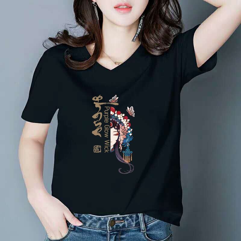 Висококачествена тениска с V-образно деколте и скъпа деколте с къс ръкав Дамска свободна дамска тениска с половин ръкав Обикновена ежедневна тениска с щампи, дамска лятна тениска