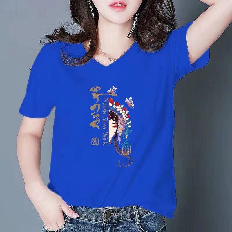 Висококачествена тениска с V-образно деколте и скъпа деколте с къс ръкав Дамска свободна дамска тениска с половин ръкав Обикновена ежедневна тениска с щампи, дамска лятна тениска