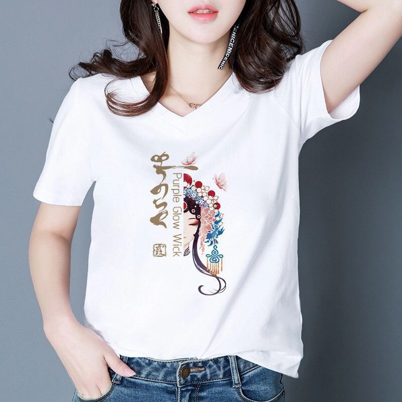 Висококачествена тениска с V-образно деколте и скъпа деколте с къс ръкав Дамска свободна дамска тениска с половин ръкав Обикновена ежедневна тениска с щампи, дамска лятна тениска