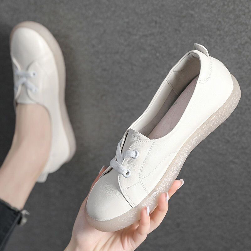 Bijele ženske cipele od prave kože 2025, nove univerzalne lazy cipele za proljeće i ljeto s mekim đonom za trudnice, casual jednostruke cipele s plitkim otvorom