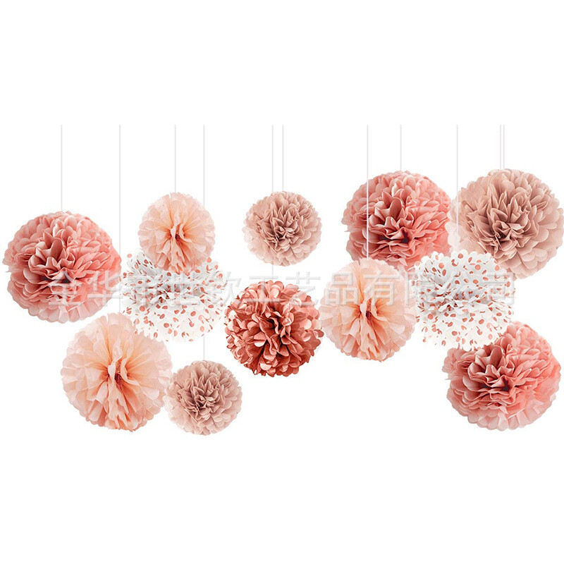 12 vnt rožinio aukso popieriniai gėlių rutuliai vestuvėms, gimtadieniui, vestuviniam dušui, mergvakariui, kūdikių dušo fono dekoravimui