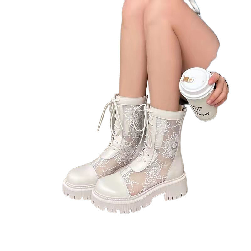 Hollow Martin aulinukai moteriški pavasariniai ir vasariniai ploni 2024 m. nauji balti kvėpuojantys tinkliniai basutės storais padais vasariniai batai