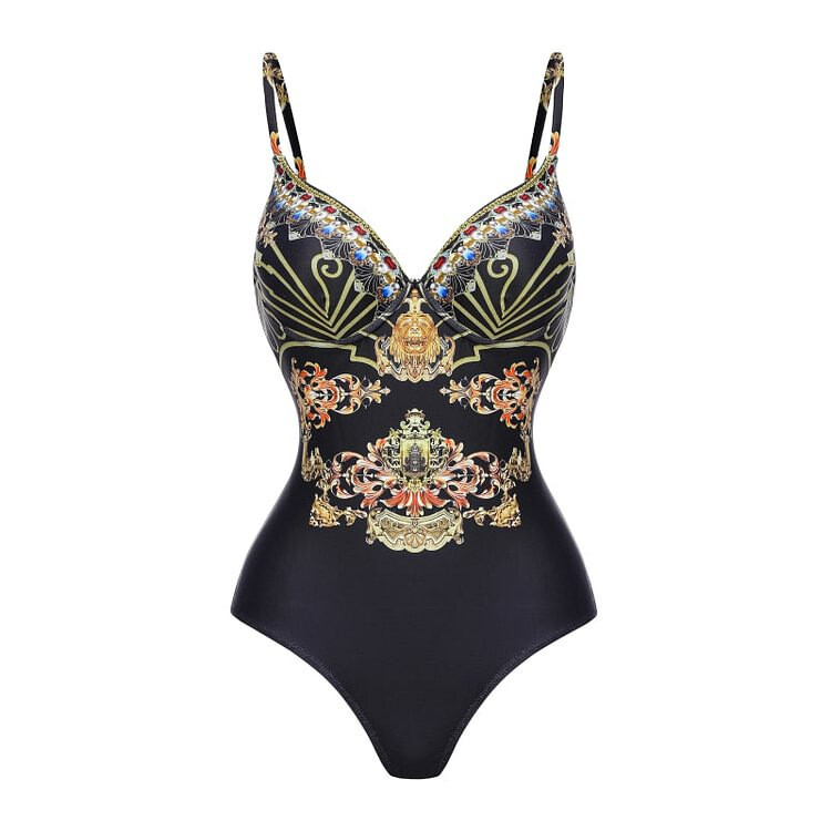 Moteriškas juodai aukso spalvos margintas maudymosi kostiumėlis, vientisas, 2024 m., naujas, užsienio prekyba, tarpvalstybinis, karštas pardavimas