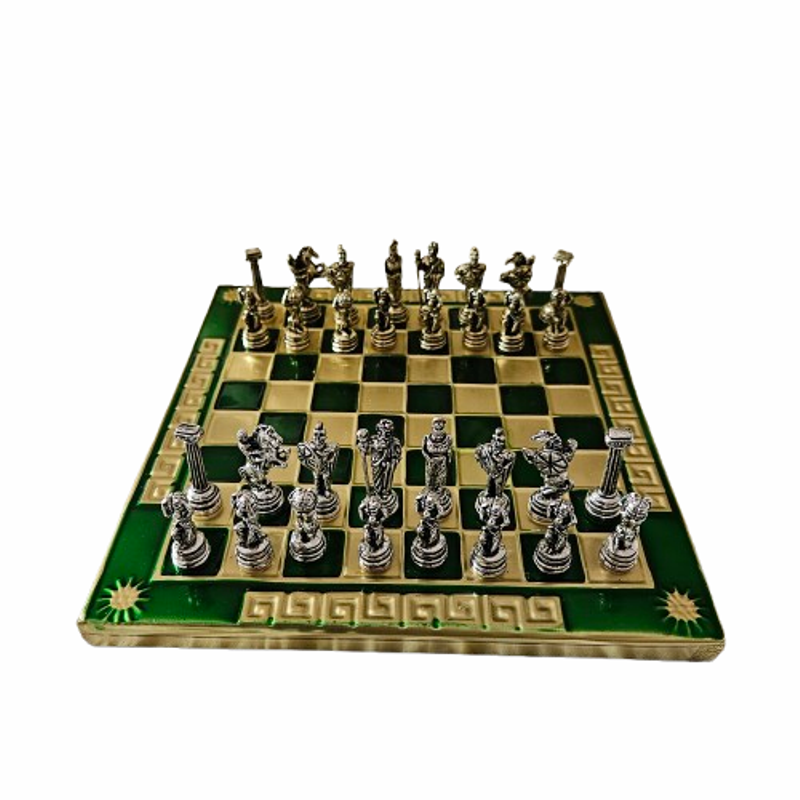Шах Атласи, Метална дъска,метални фигури, Зелен, 15х15 см