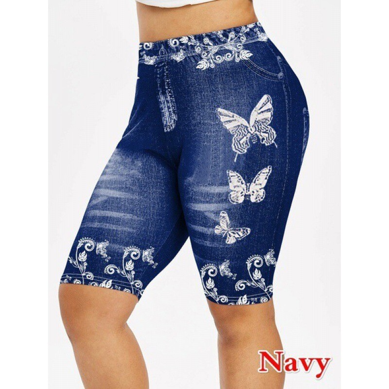 Pristatymas į užsienį Europos ir Amerikos moteriškos džinsinės sportinės antblauzdžiai su drugelių raštais, klubus pakeliančios jogos kelnės