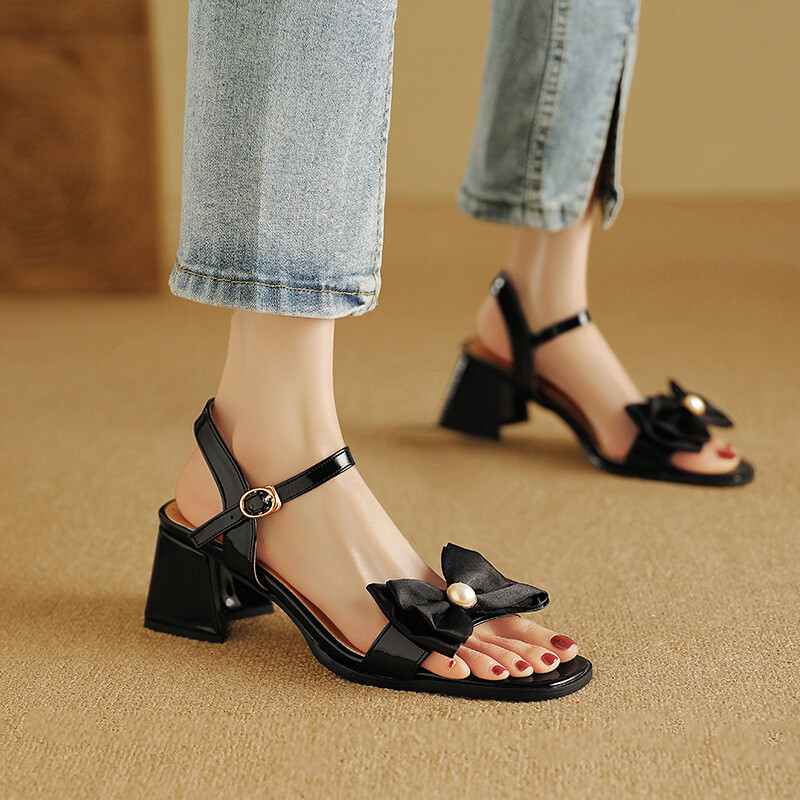 Tarpvalstybinė užsienio prekyba 2025 m. vasarinės perlinės aukštakulnės, 32–48 dydžio, kvadratinės galvutės, saldaus kaspino moteriškos basutės