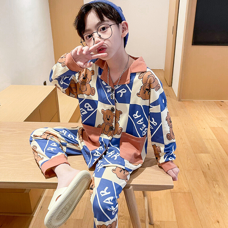Vyriška medvilninė pižama ilgomis rankovėmis, pavasario ir rudens, berniukams ir paaugliams, medvilnė, 2024 m., nauji rudens namų drabužiai, kostiumas