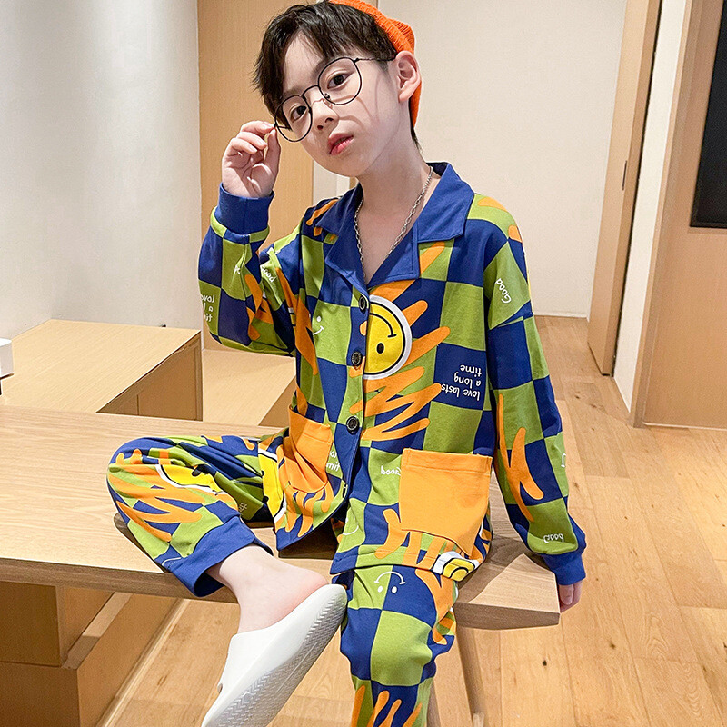 Vyriška medvilninė pižama ilgomis rankovėmis, pavasario ir rudens, berniukams ir paaugliams, medvilnė, 2024 m., nauji rudens namų drabužiai, kostiumas