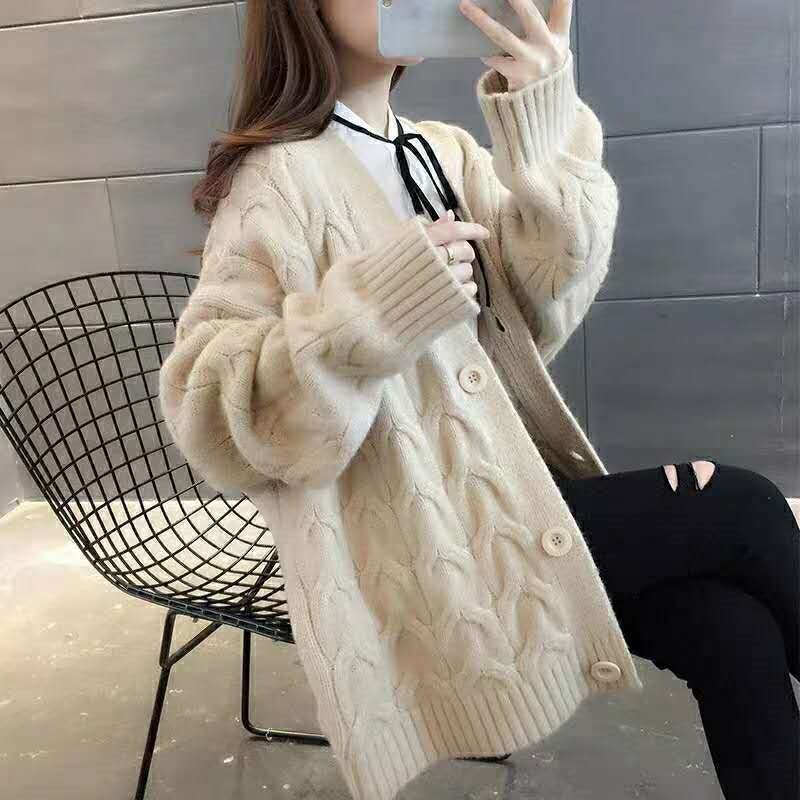 Moteriškas didelio dydžio megztinis, storas megztinis ir kardiganas „Fat MM“, laisvas, vidutinio ir ilgo kirpimo, naujas, megztas 2024 m. modelis, madinga.