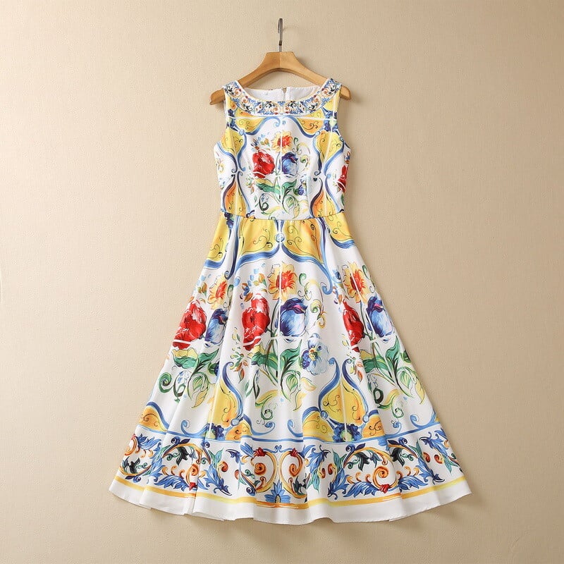 Ceramică pictată retro italiană XXL cu imprimeu, fustă la modă cu bordură, rucsac cu cataramă, vestă, rochie de damă