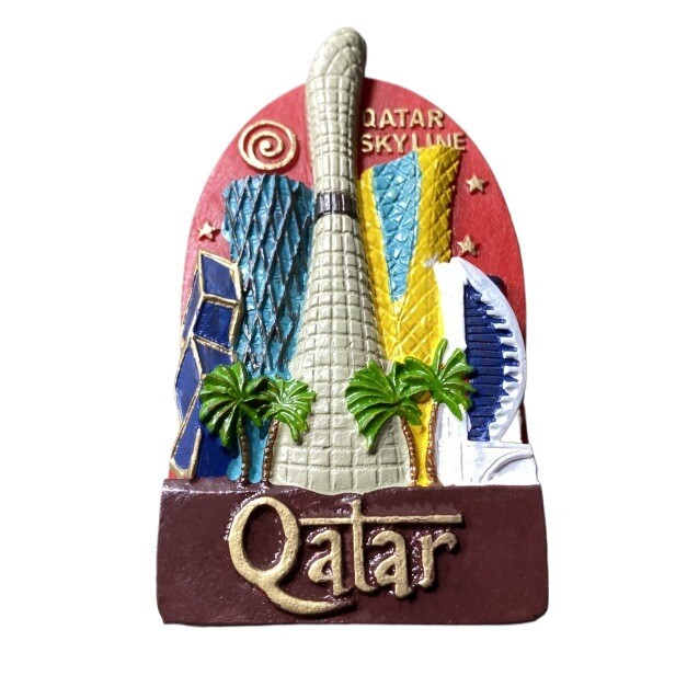 Artimųjų Rytų Kataro turistinis suvenyras, kūrybingas trimatis orientyras, pastato dekoravimas, amatai, magnetas, šaldytuvo magnetas, suvenyras