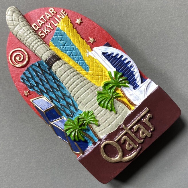 Artimųjų Rytų Kataro turistinis suvenyras, kūrybingas trimatis orientyras, pastato dekoravimas, amatai, magnetas, šaldytuvo magnetas, suvenyras
