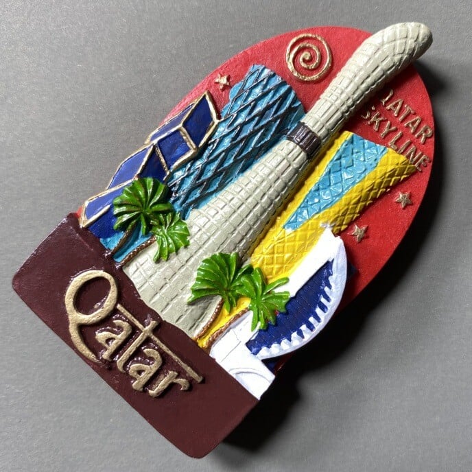 Artimųjų Rytų Kataro turistinis suvenyras, kūrybingas trimatis orientyras, pastato dekoravimas, amatai, magnetas, šaldytuvo magnetas, suvenyras