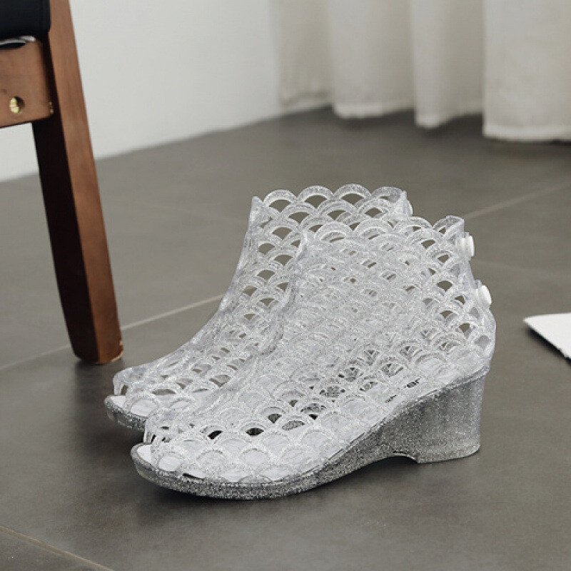 Μοντέρνα κρυστάλλινα σανδάλια, νέα γυναικεία ψηλοτάκουνα παπούτσια, κοίλα, αντι-φρουτώδη ζελέ, πλαστικά, διαφανή, σανδάλια με τακούνι σφήνας, μπότες και ψάρια