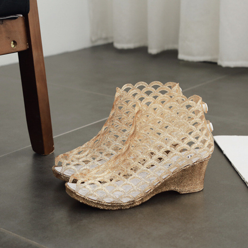 Μοντέρνα κρυστάλλινα σανδάλια, νέα γυναικεία ψηλοτάκουνα παπούτσια, κοίλα, αντι-φρουτώδη ζελέ, πλαστικά, διαφανή, σανδάλια με τακούνι σφήνας, μπότες και ψάρια