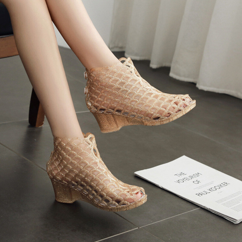 Μοντέρνα κρυστάλλινα σανδάλια, νέα γυναικεία ψηλοτάκουνα παπούτσια, κοίλα, αντι-φρουτώδη ζελέ, πλαστικά, διαφανή, σανδάλια με τακούνι σφήνας, μπότες και ψάρια