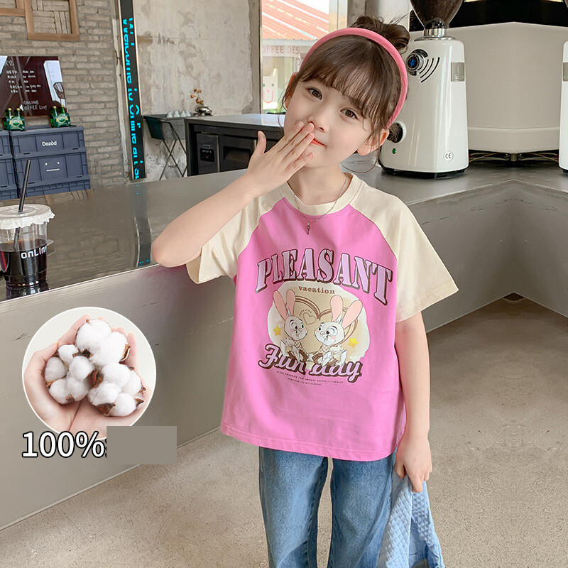 100 % medvilnės dryžuoti marškinėliai mergaitėms trumpomis rankovėmis, vasariniai vaikų drabužiai 2025 m., nauji mažo ir vidutinio dydžio vaikiški medvilniniai viršutiniai drabužiai urmu