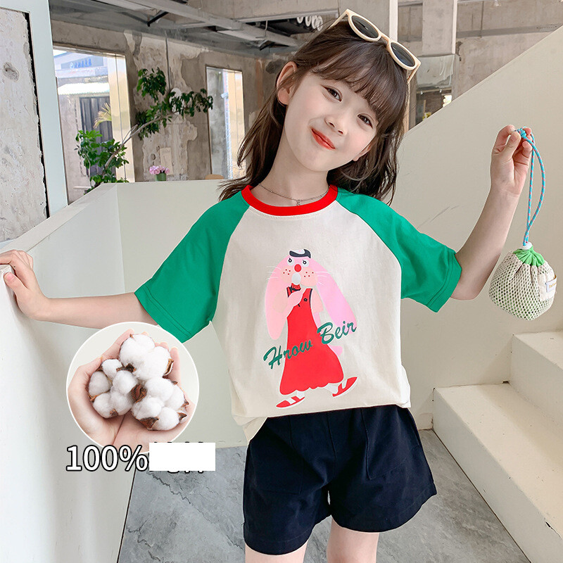 100 % medvilnės dryžuoti marškinėliai mergaitėms trumpomis rankovėmis, vasariniai vaikų drabužiai 2025 m., nauji mažo ir vidutinio dydžio vaikiški medvilniniai viršutiniai drabužiai urmu