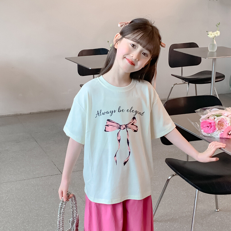 100 % medvilnės dryžuoti marškinėliai mergaitėms trumpomis rankovėmis, vasariniai vaikų drabužiai 2025 m., nauji mažo ir vidutinio dydžio vaikiški medvilniniai viršutiniai drabužiai urmu