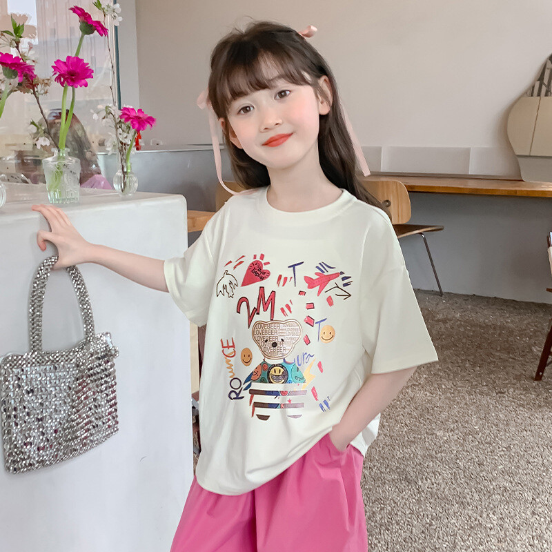 100 % medvilnės dryžuoti marškinėliai mergaitėms trumpomis rankovėmis, vasariniai vaikų drabužiai 2025 m., nauji mažo ir vidutinio dydžio vaikiški medvilniniai viršutiniai drabužiai urmu