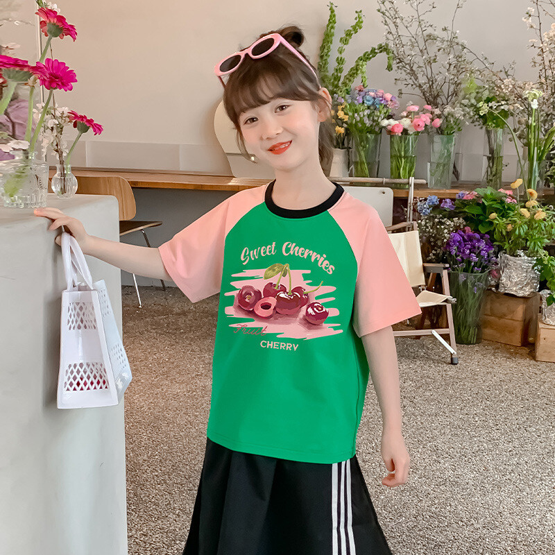 100 % medvilnės dryžuoti marškinėliai mergaitėms trumpomis rankovėmis, vasariniai vaikų drabužiai 2025 m., nauji mažo ir vidutinio dydžio vaikiški medvilniniai viršutiniai drabužiai urmu