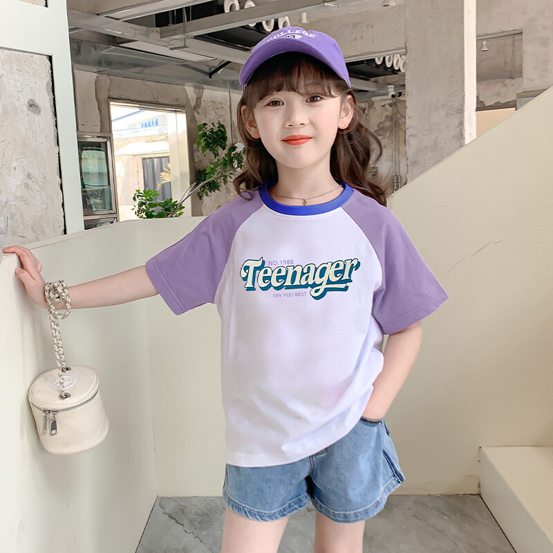 100 % medvilnės dryžuoti marškinėliai mergaitėms trumpomis rankovėmis, vasariniai vaikų drabužiai 2025 m., nauji mažo ir vidutinio dydžio vaikiški medvilniniai viršutiniai drabužiai urmu