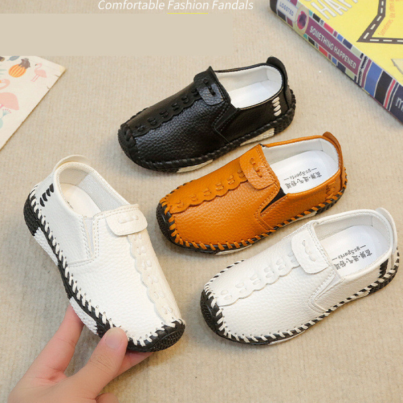 2023 Пролетни и есенни нови детски кожени обувки за момчета в британски стил с мека подметка, пришити ежедневни обувки без връзки