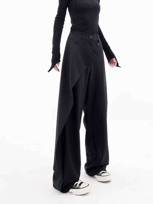 Moteriškos plačios kelnės su kryžiumi, korėjietiško stiliaus, skirtos kasdieniam važinėjimui į darbą ir atgal, paprastos, laisvos, tiesios, ilgos kelnės.