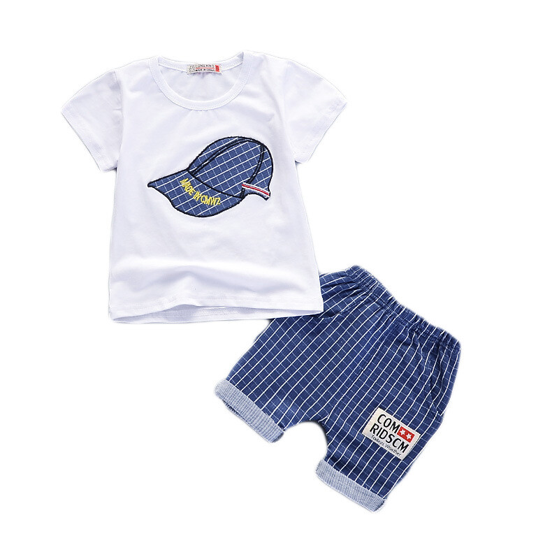 Vasariniai trumpų rankovių marškinėliai berniukams nuo 6 mėnesių iki 1-2-3-4 metų, dviejų dalių kostiumas su ryklio ir kūdikio ausytėmis.