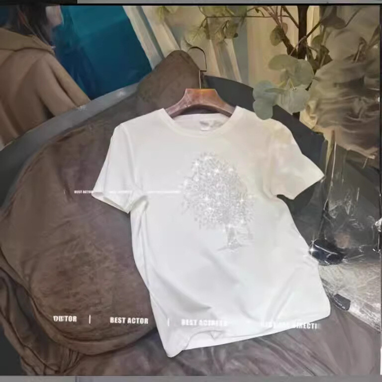 Hot Diamonds T-shirt με κοντό μανίκι από βαμβάκι για γυναίκες 2024 Νέο Universal T-shirt με καλοκαιρινό χαλαρό, λεπτό, στρογγυλό γιακά, κομψό τοπ