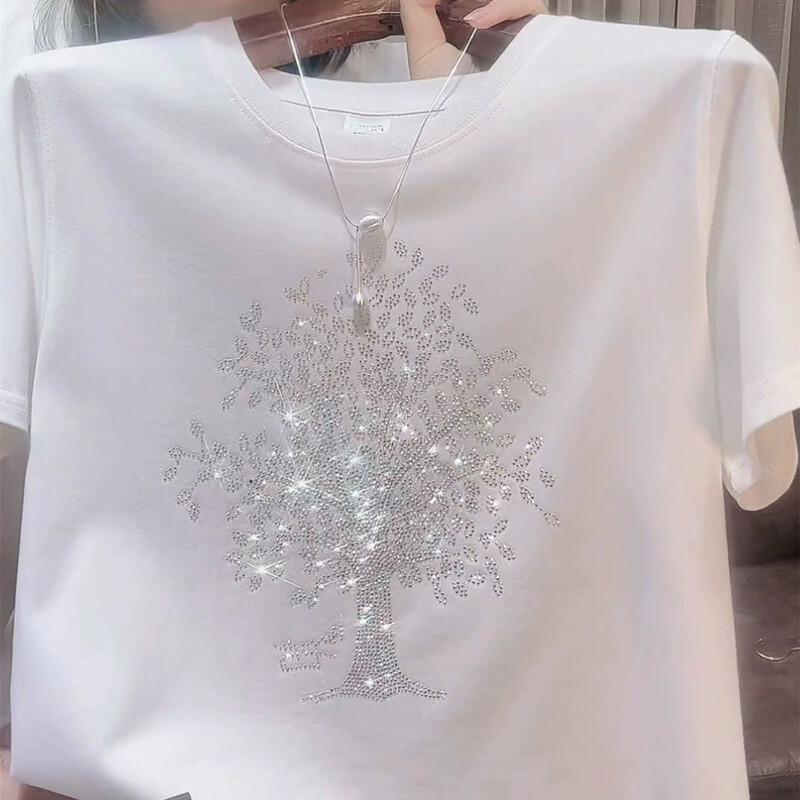 Hot Diamonds T-shirt με κοντό μανίκι από βαμβάκι για γυναίκες 2024 Νέο Universal T-shirt με καλοκαιρινό χαλαρό, λεπτό, στρογγυλό γιακά, κομψό τοπ