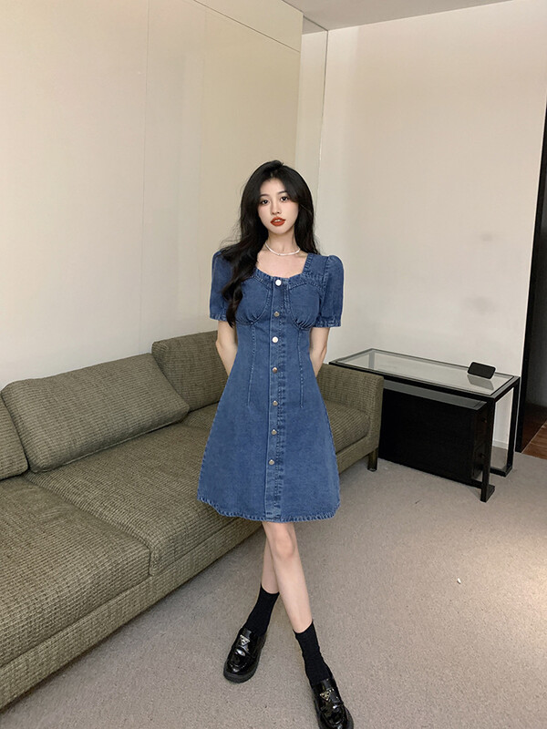 Καλοκαιρινό τζιν φόρεμα με μεγάλο μέγεθος, αλμυρό και γλυκό, χοντρό χιλιοστά, καλοκαιρινό, λεπτό ταμπεραμέντο, φούστα με φουσκωτά μανίκια