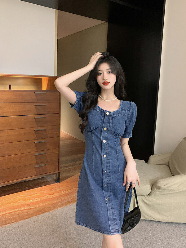 Καλοκαιρινό τζιν φόρεμα με μεγάλο μέγεθος, αλμυρό και γλυκό, χοντρό χιλιοστά, καλοκαιρινό, λεπτό ταμπεραμέντο, φούστα με φουσκωτά μανίκια