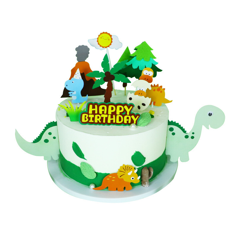 Gimtadienio torto kepimo dekoracija, dinozauro torto įskiepis, maža saulė, kokoso medis, ugnikalnis, saldus, mielas augintinio dekoravimo atvirukas