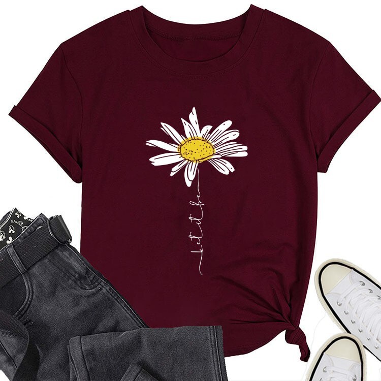 Трансграничен европейски и американски TK пролетно-летен нов LET IT BE DAISY с малък принт на маргаритки, кръгло деколте Свободна тениска