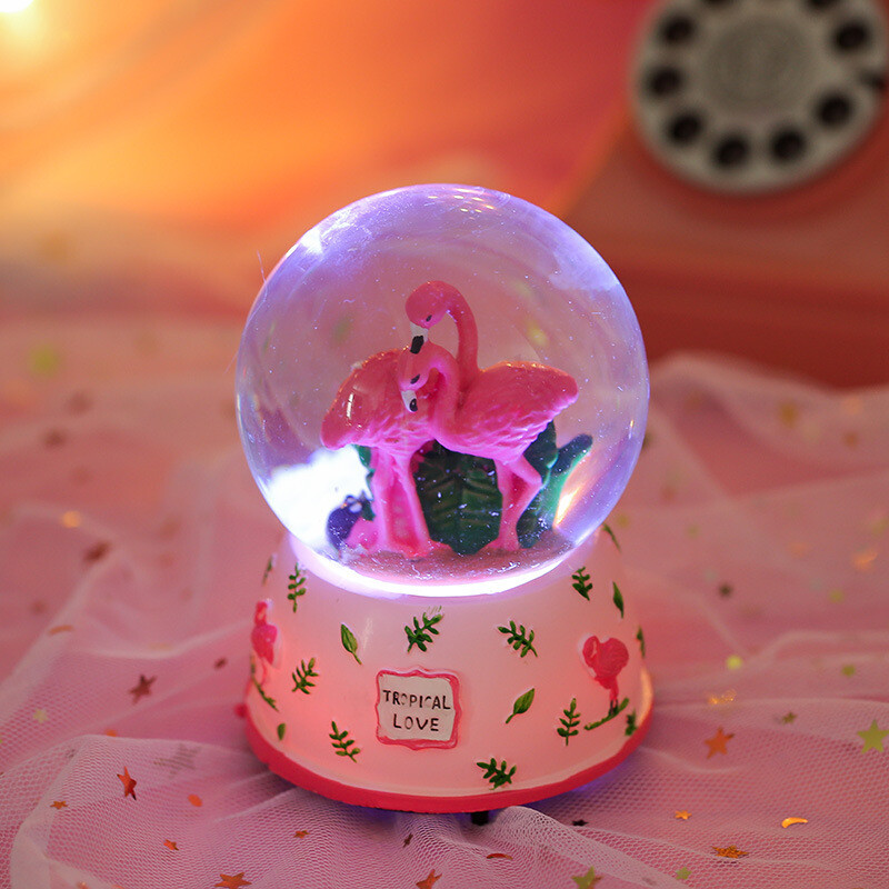 Korėjietiškos merginos širdies miela flamingo snaigė krištolo rutulys besisukanti šviesos muzikos dėžutė kambario dekoravimo dovana