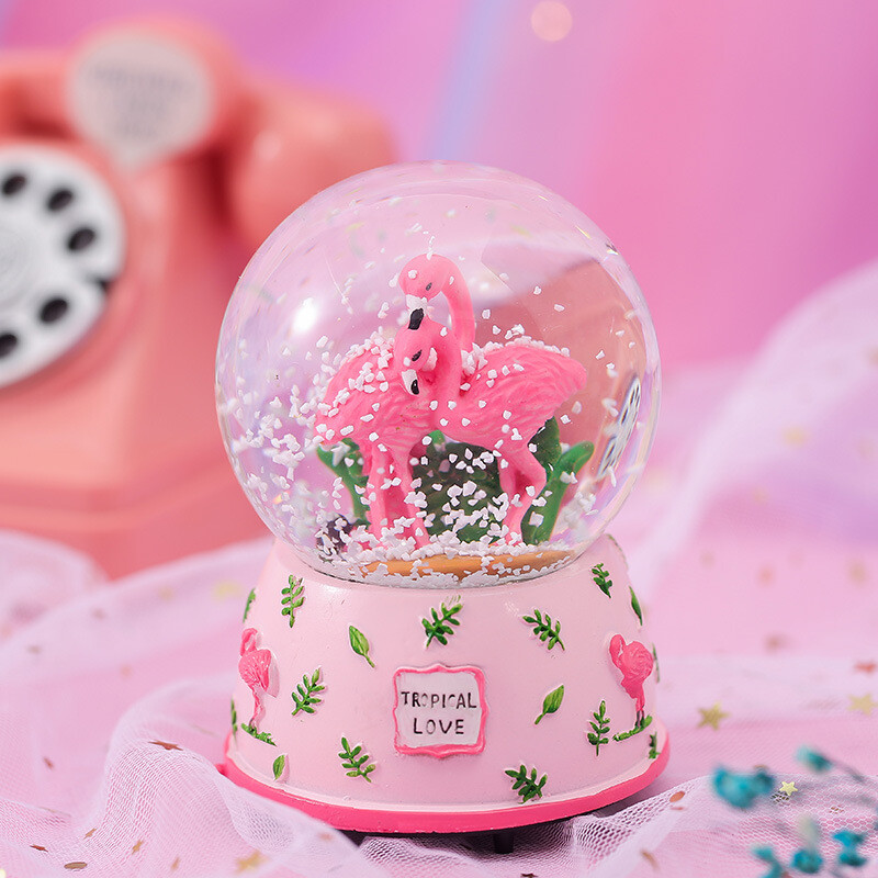 Korėjietiškos merginos širdies miela flamingo snaigė krištolo rutulys besisukanti šviesos muzikos dėžutė kambario dekoravimo dovana