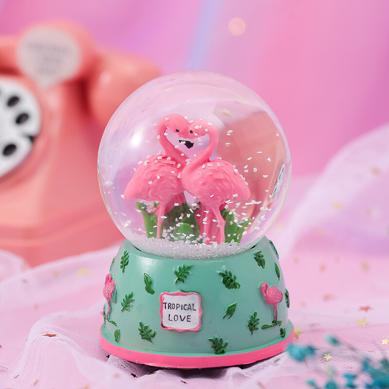 Korėjietiškos merginos širdies miela flamingo snaigė krištolo rutulys besisukanti šviesos muzikos dėžutė kambario dekoravimo dovana
