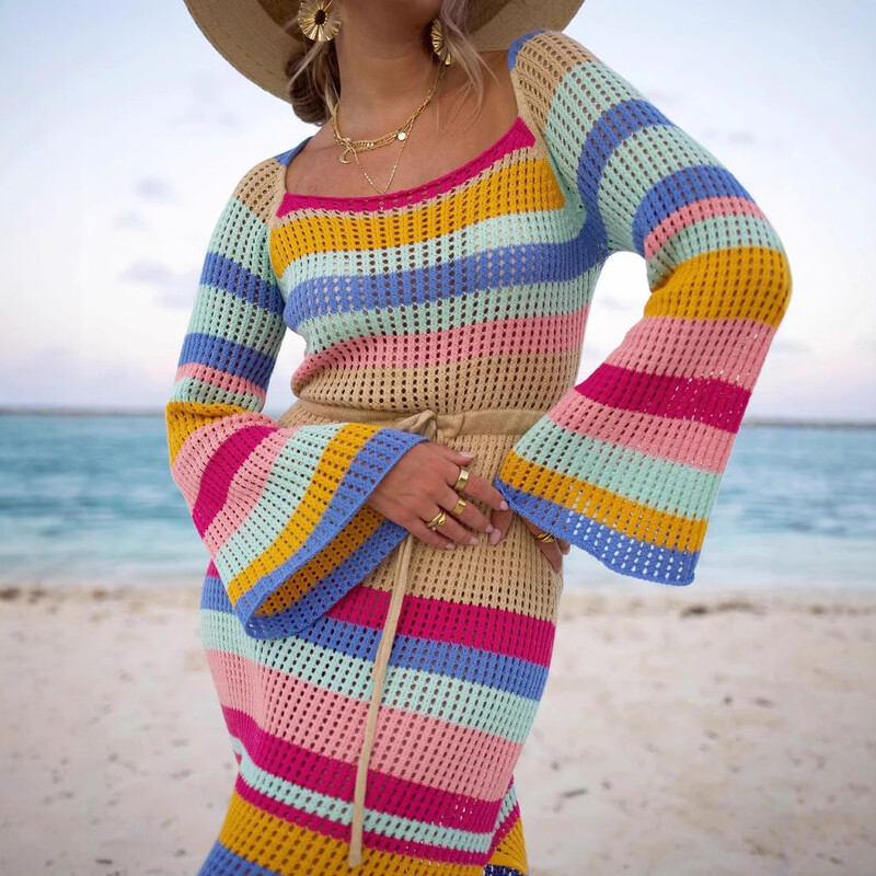 Μακρύ φόρεμα για διακοπές πέρα από τα σύνορα, πουλόβερ, φόρεμα θαλάσσης με ρίγες και φλοράλ μοτίβο