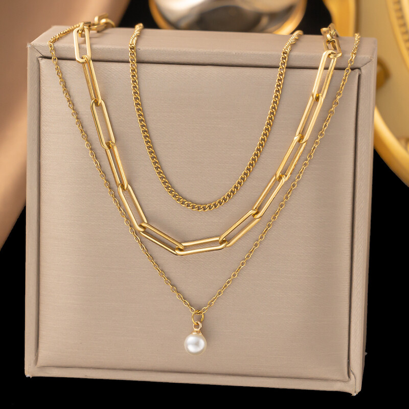 Pārrobežu Eiropas un Amerikas nerūsējošā tērauda kaklarota ar 18 karātu zelta pārklājumu, titāna tērauds, populāra sieviešu kaklarota, sakraujama rotaslietu kaklarota ar čūskas kaula ķēdīti