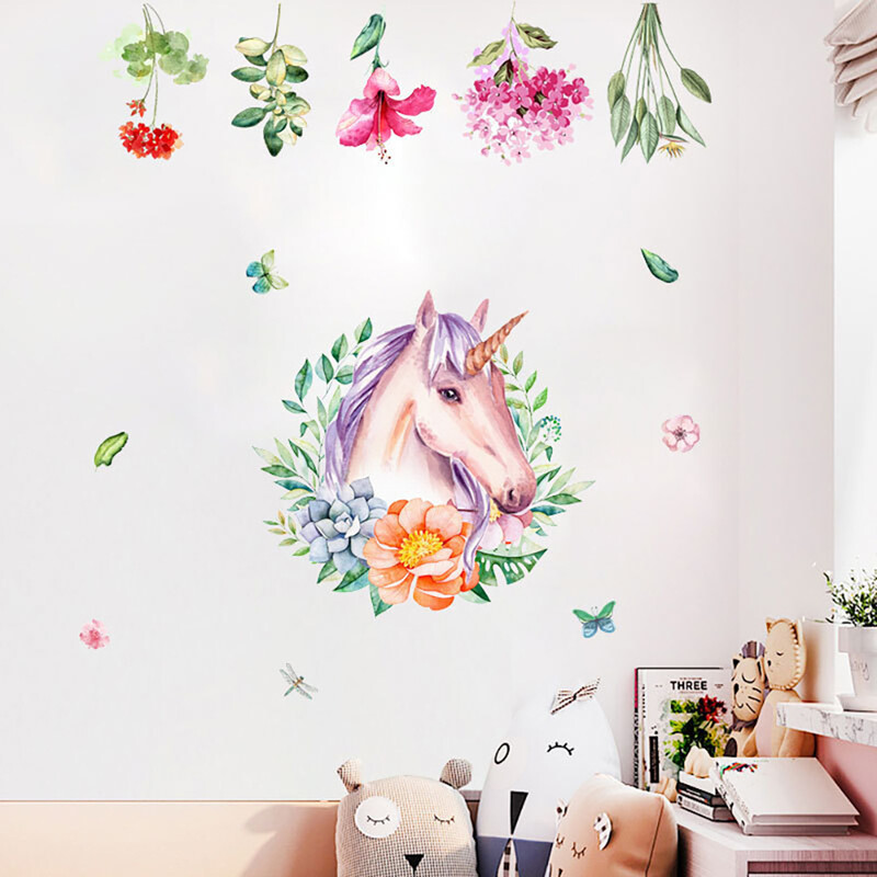 Αυτοκόλλητα τοίχου με ακουαρέλα μονόκερος, στεφάνι, αυτοκόλλητα, φόντο σαλονιού, διακόσμηση τοίχου, αυτοκόλλητα τοίχου με διασυνοριακά σύνορα