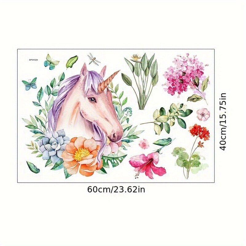 Αυτοκόλλητα τοίχου με ακουαρέλα μονόκερος, στεφάνι, αυτοκόλλητα, φόντο σαλονιού, διακόσμηση τοίχου, αυτοκόλλητα τοίχου με διασυνοριακά σύνορα
