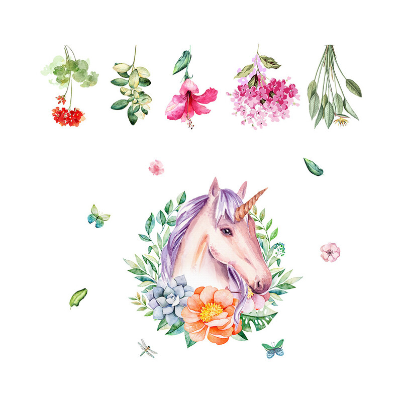 Αυτοκόλλητα τοίχου με ακουαρέλα μονόκερος, στεφάνι, αυτοκόλλητα, φόντο σαλονιού, διακόσμηση τοίχου, αυτοκόλλητα τοίχου με διασυνοριακά σύνορα