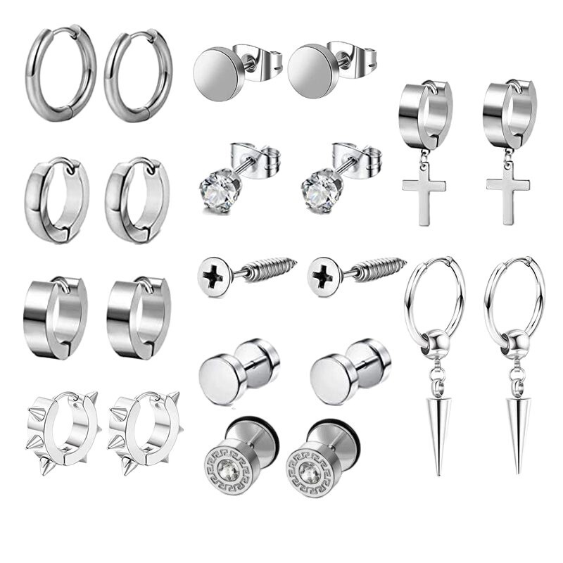 Karsti pārdoti krustveida auskari no nerūsējošā tērauda, hanteles auskari, skrūvējami apaļi auskari ar stieni, 11 pāri