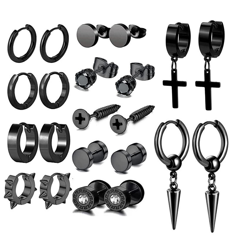 Karsti pārdoti krustveida auskari no nerūsējošā tērauda, hanteles auskari, skrūvējami apaļi auskari ar stieni, 11 pāri