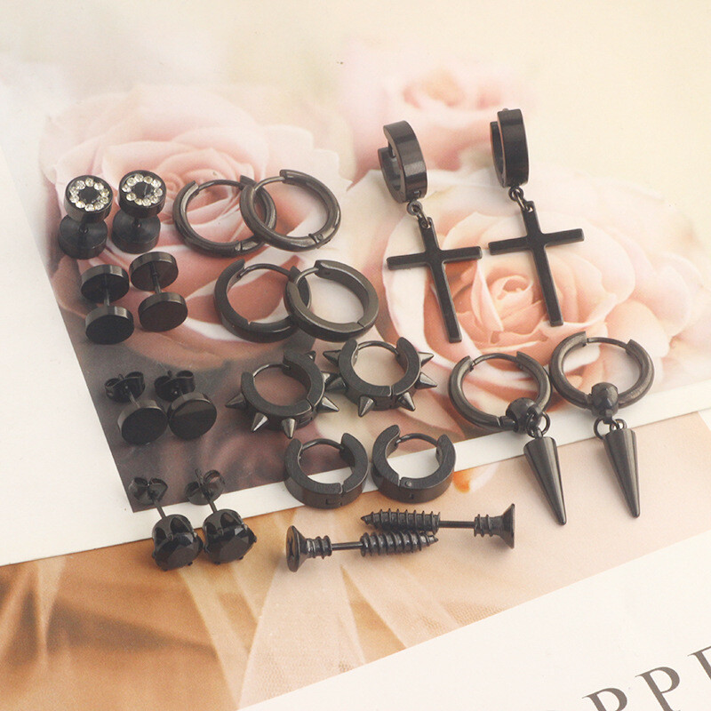 Karsti pārdoti krustveida auskari no nerūsējošā tērauda, hanteles auskari, skrūvējami apaļi auskari ar stieni, 11 pāri