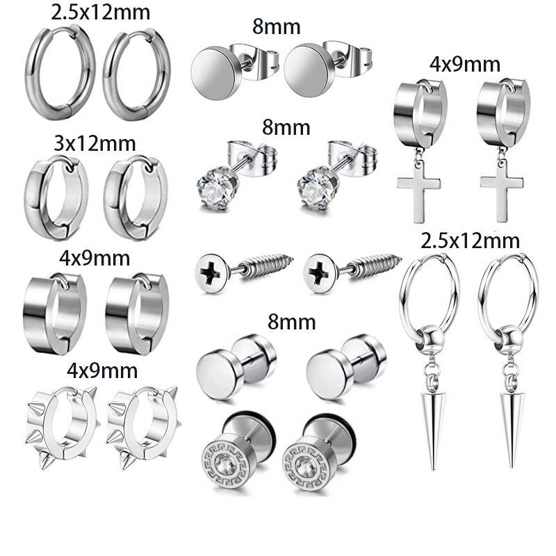 Karsti pārdoti krustveida auskari no nerūsējošā tērauda, hanteles auskari, skrūvējami apaļi auskari ar stieni, 11 pāri